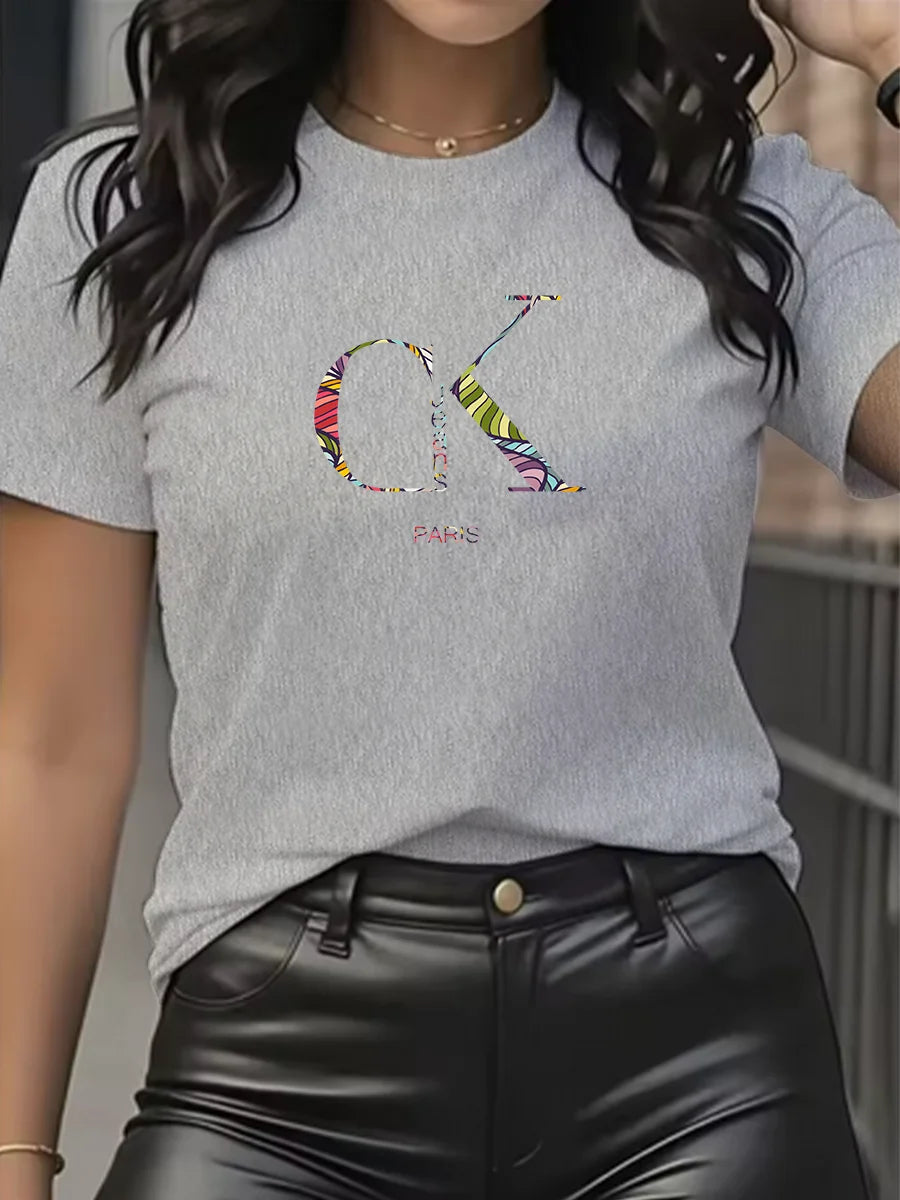 تي شيرت نسائي صيفي فاخر بطباعة حروف كرتونية وياقة دائرية وأكمام قصيرة، تصميم عصري على طراز Y2K